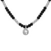 COLLIER ARGENT RHODIÉ PIERRES SYNTHETIQUES FACETÉES NOIRS ET PAMPILLE OXYDE BLANC SERTI 42+3CM