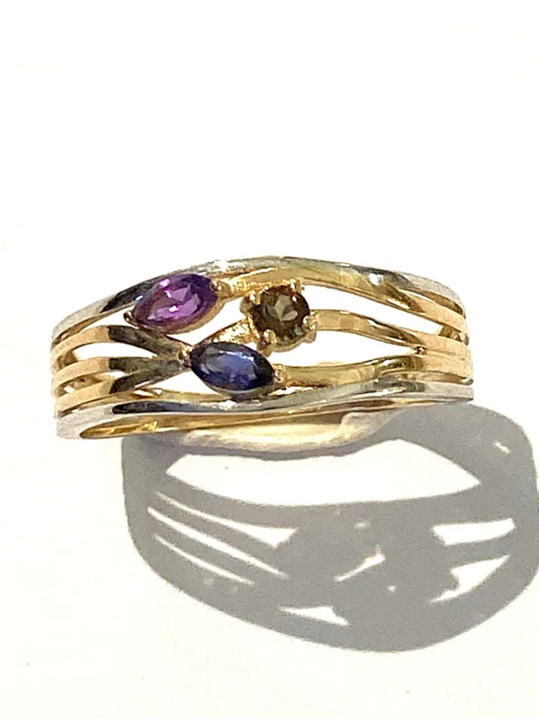 bague or jaune améthyste topaze bleue tourmaline