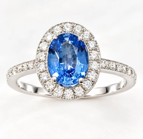 bague or gris 750, saphir bleu Ceylan, diamant