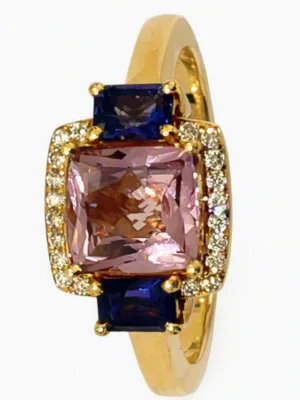 bague or rose 750, spinelle rose, saphir violet, diamant